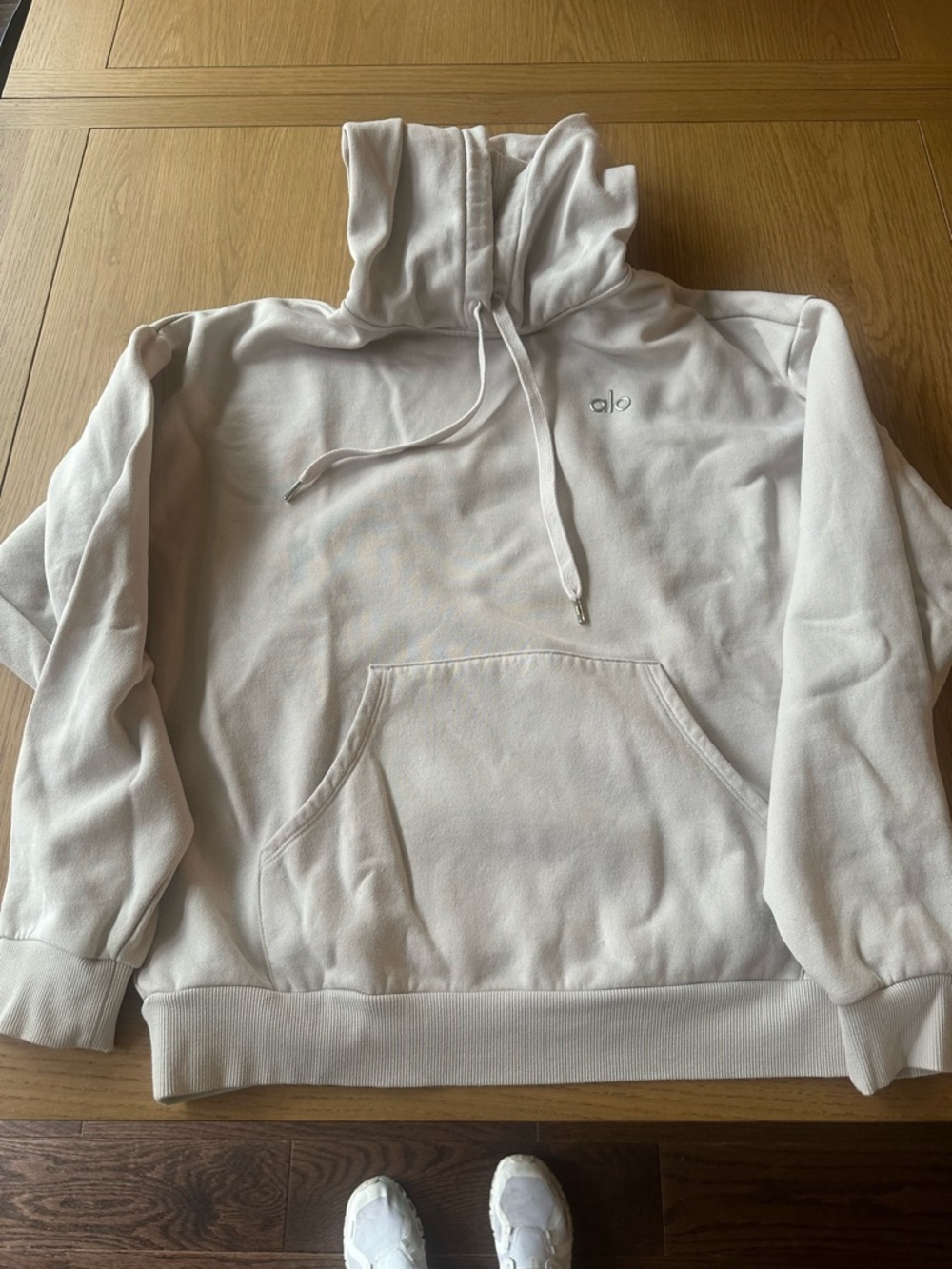 Alo Cozy Pullover Hoodie in Light Cream.  Medium